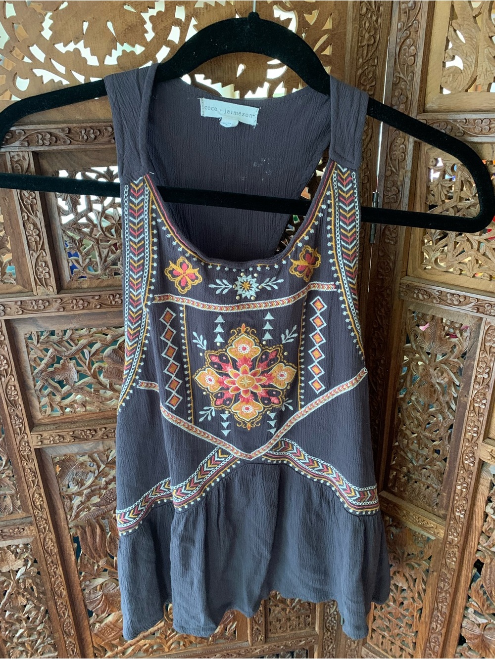 Charcoal Embroidered Floral Tank